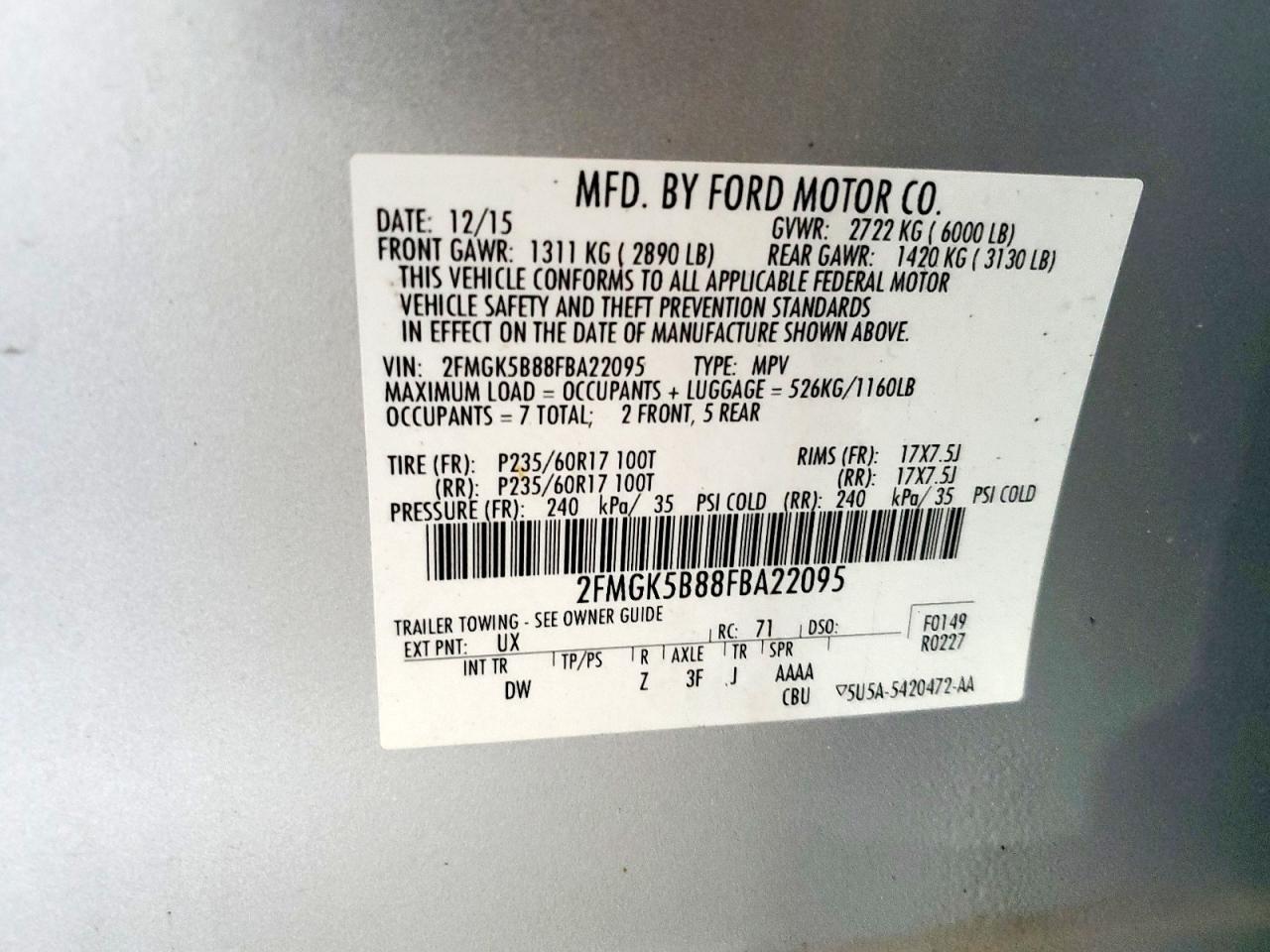 2015 Ford Flex Se VIN: 2FMGK5B88FBA22095 Lot: 80855035