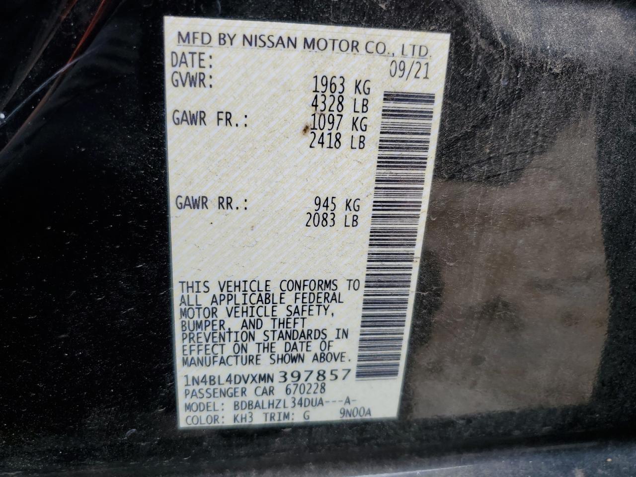 2021 Nissan Altima Sv VIN: 1N4BL4DVXMN397857 Lot: 81901295