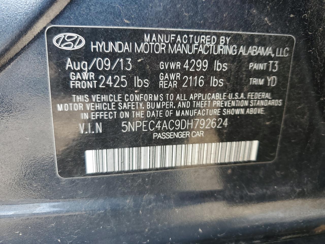 2013 Hyundai Sonata Se VIN: 5NPEC4AC9DH792624 Lot: 71833445