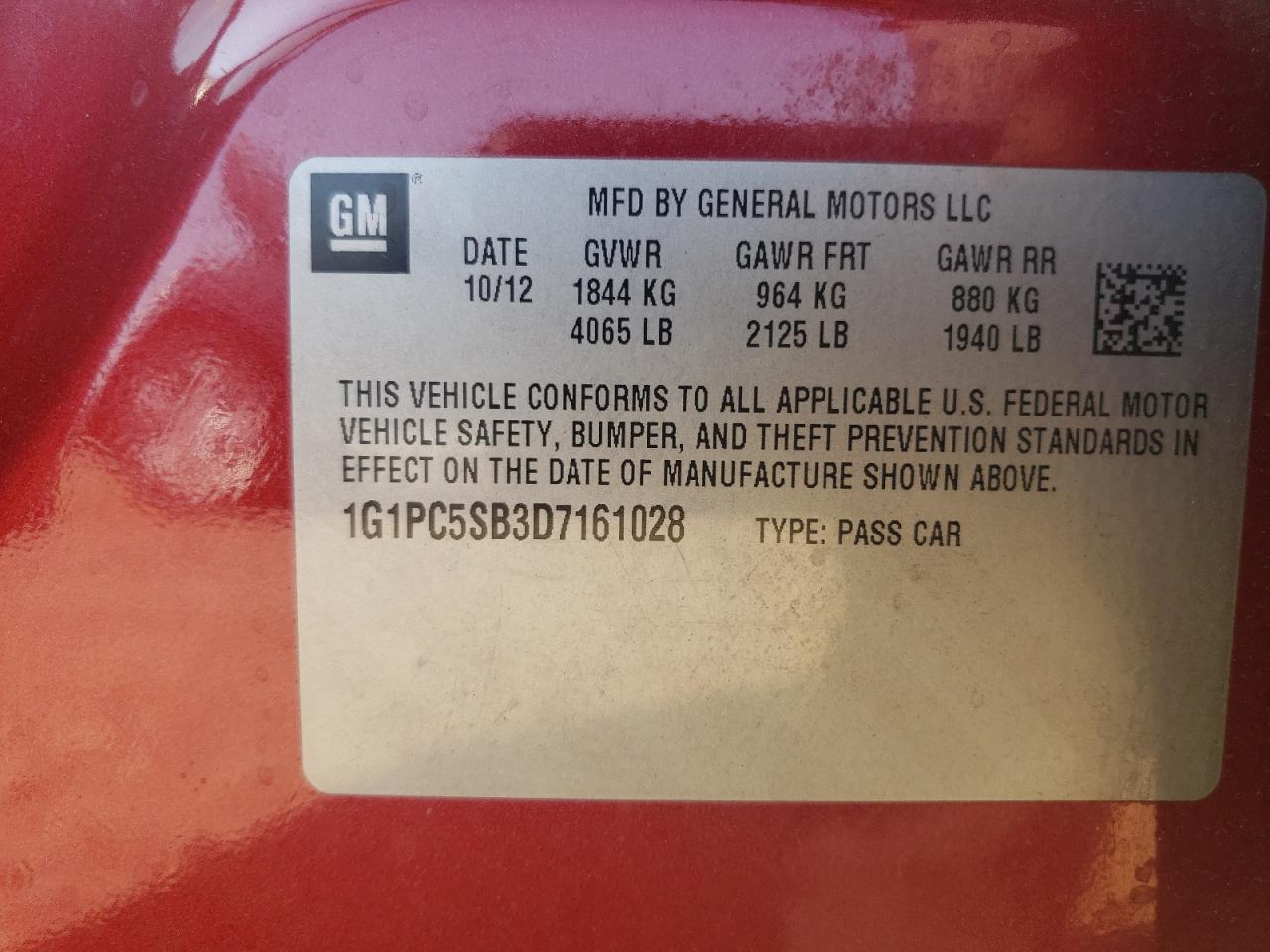 2013 Chevrolet Cruze Lt VIN: 1G1PC5SB3D7161028 Lot: 81057665