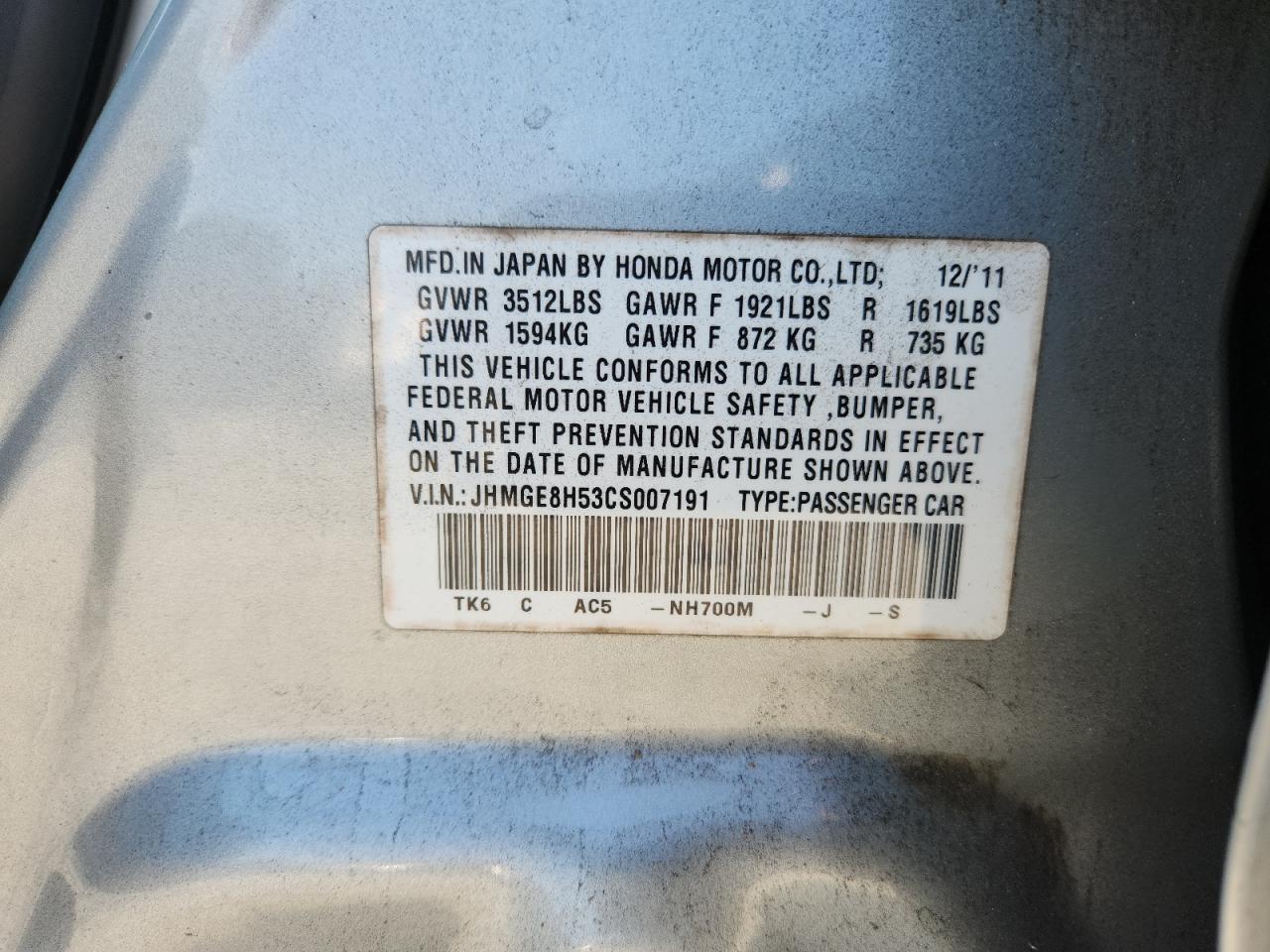 2012 Honda Fit Sport VIN: JHMGE8H53CS007191 Lot: 82023405