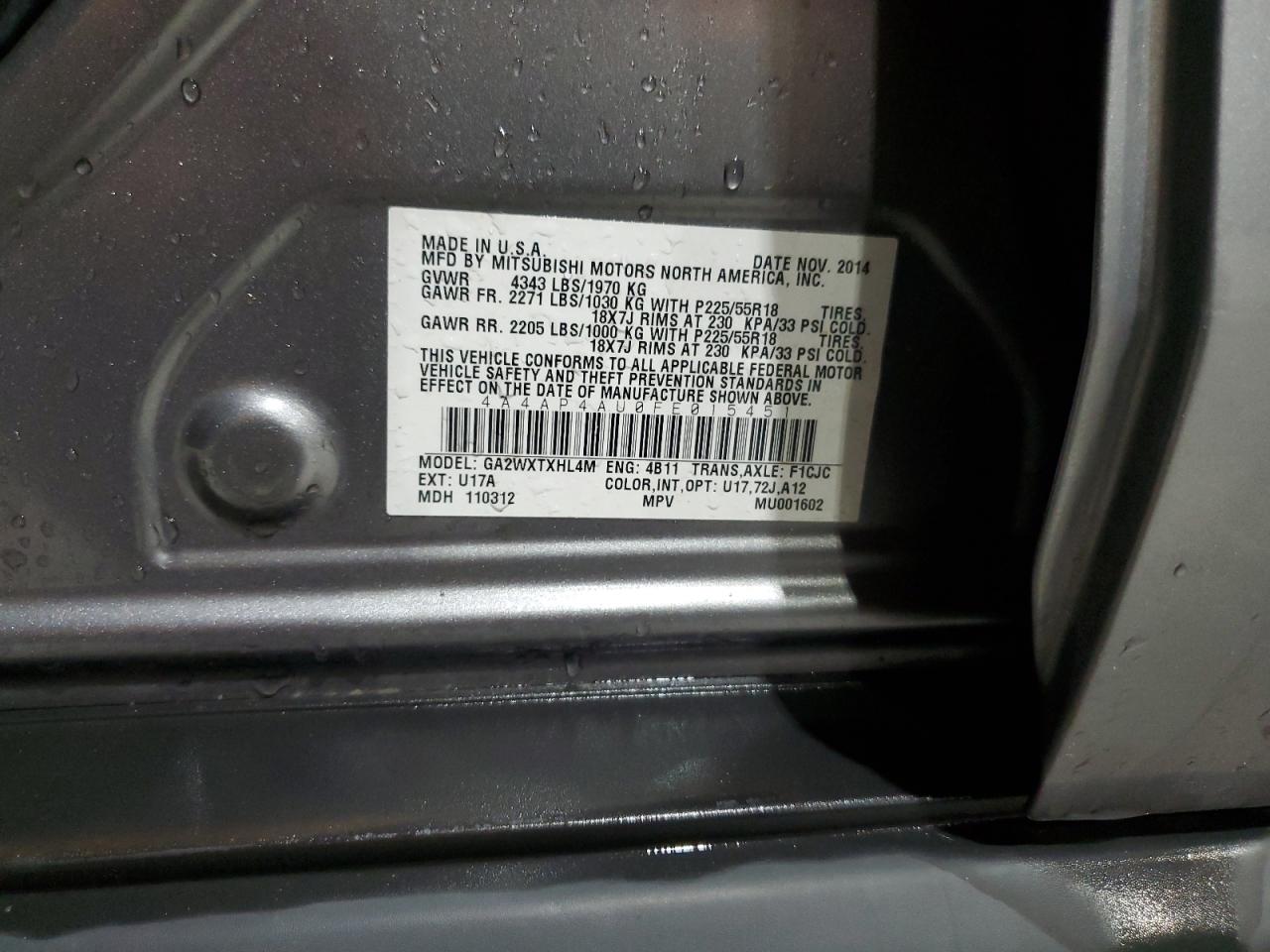 2015 Mitsubishi Outlander Sport Se VIN: 4A4AP4AU0FE015451 Lot: 83927155