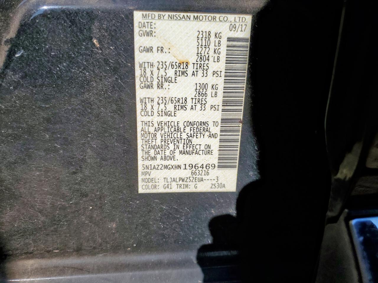 2017 Nissan Murano S VIN: 5N1AZ2MGXHN196469 Lot: 81930355