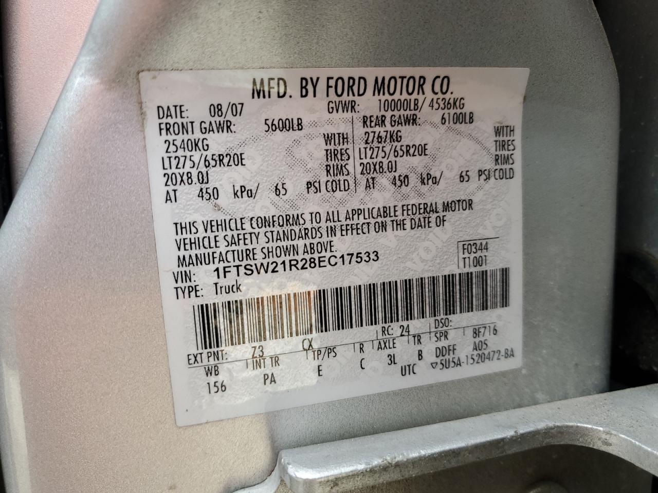 2008 Ford F250 Super Duty VIN: 1FTSW21R28EC17533 Lot: 81388105