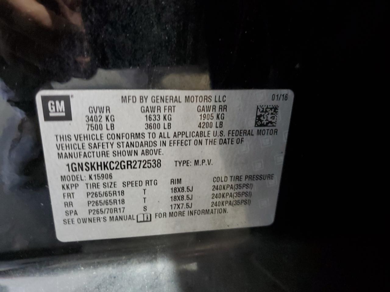 2016 Chevrolet Suburban K1500 Lt VIN: 1GNSKHKC2GR272538 Lot: 80018395