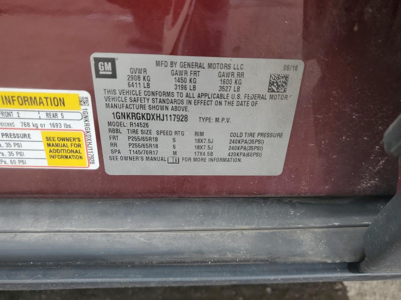 2017 Chevrolet Traverse Lt VIN: 1GNKRGKDXHJ117928 Lot: 81565905