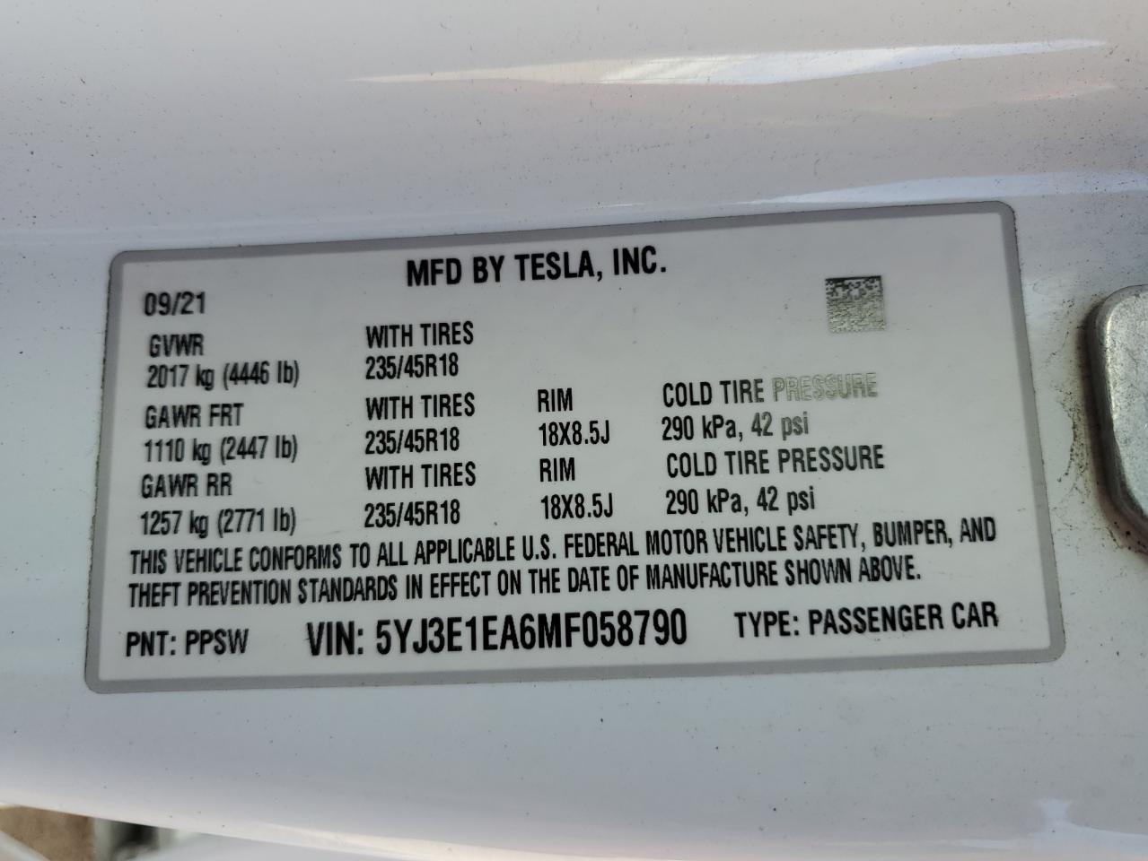 2021 Tesla Model 3 VIN: 5YJ3E1EA6MF058790 Lot: 81886135