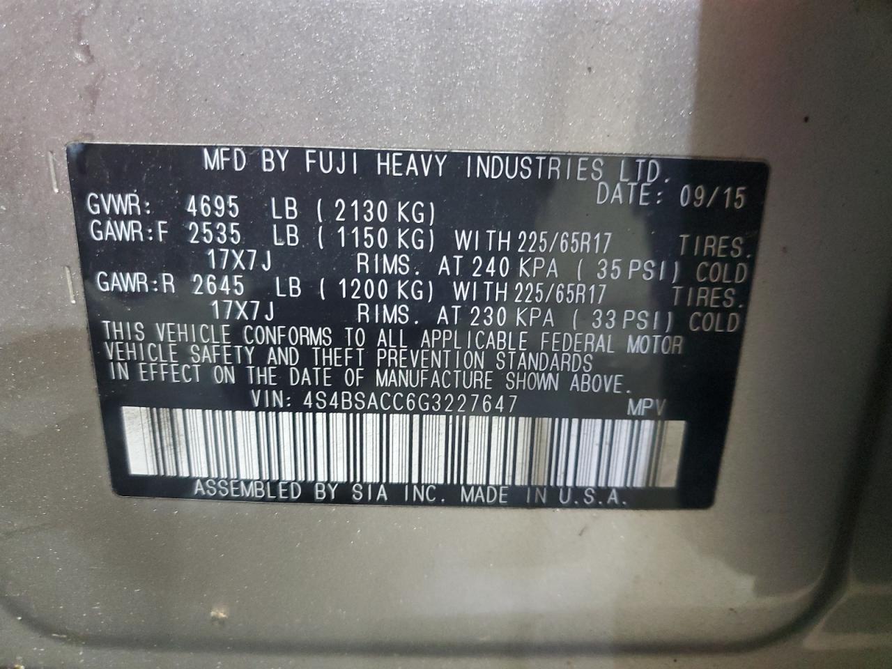 2016 Subaru Outback 2.5I Premium VIN: 4S4BSACC6G3227647 Lot: 71251385