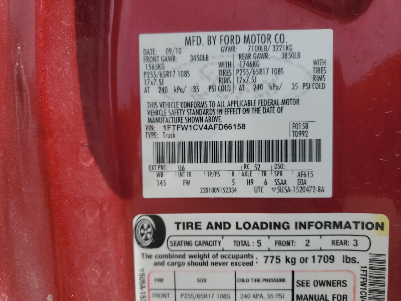 2010 Ford F150 Supercrew VIN: 1FTFW1CV4AFD66158 Lot: 80960765