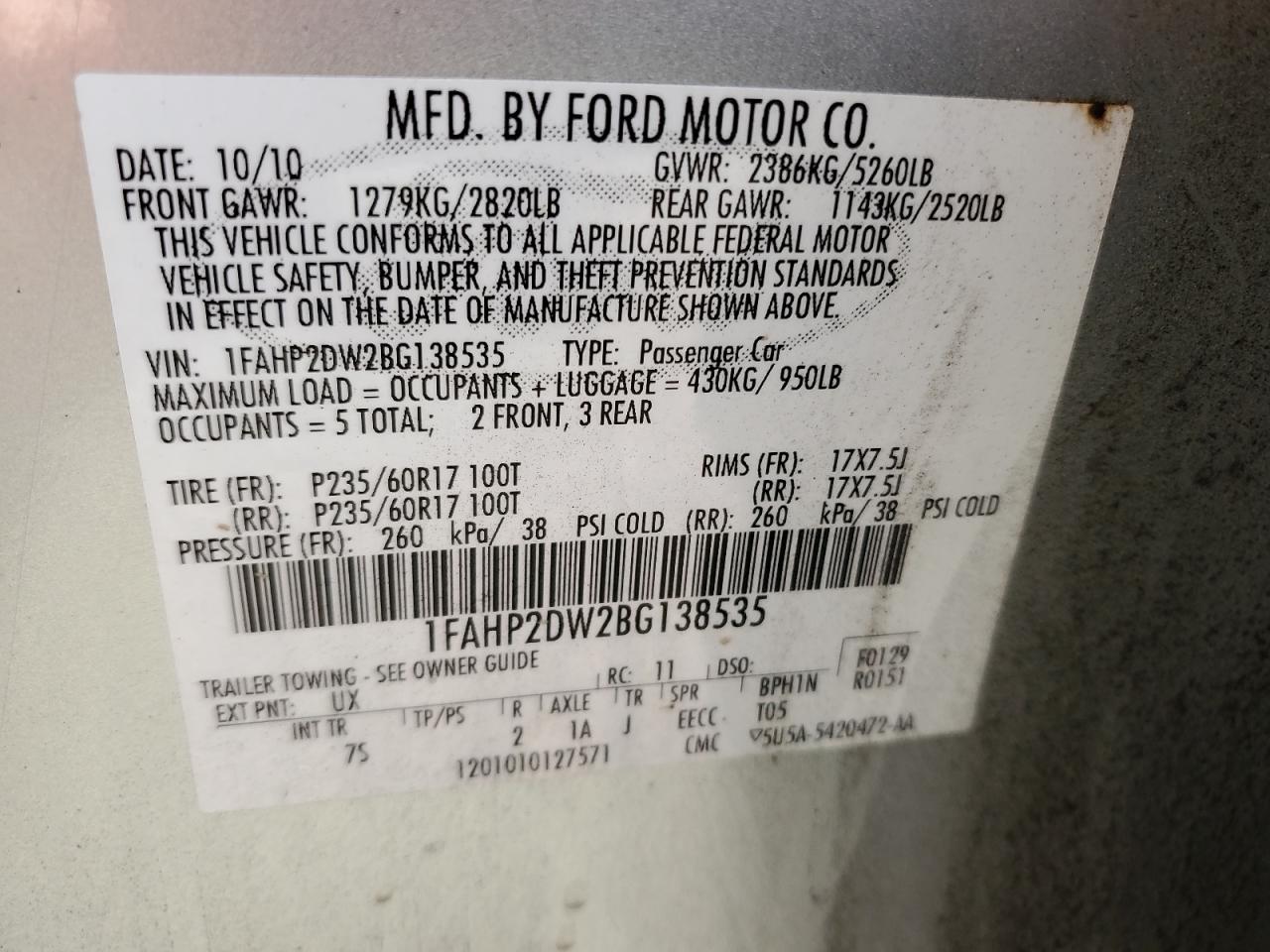 2011 Ford Taurus Se VIN: 1FAHP2DW2BG138535 Lot: 81564115