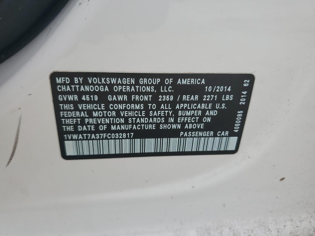 2015 Volkswagen Passat S VIN: 1VWAT7A37FC032817 Lot: 81951005