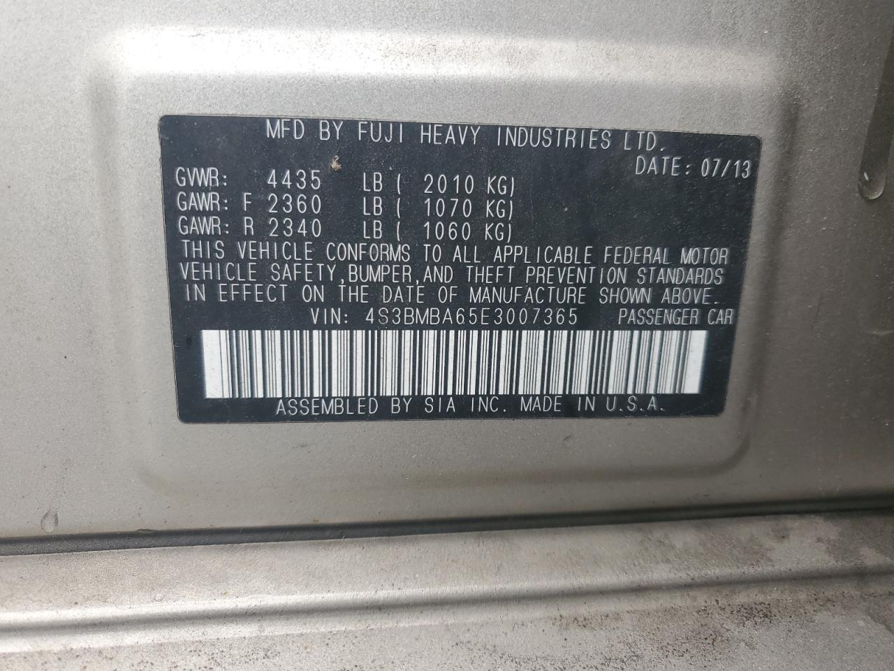 2014 Subaru Legacy 2.5I VIN: 4S3BMBA65E3007365 Lot: 71907525