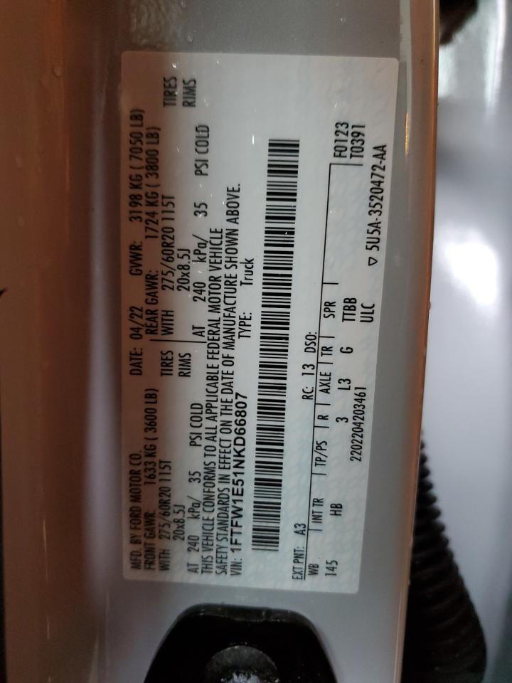 2022 Ford F150 Supercrew VIN: 1FTFW1E51NKD66807 Lot: 83948585