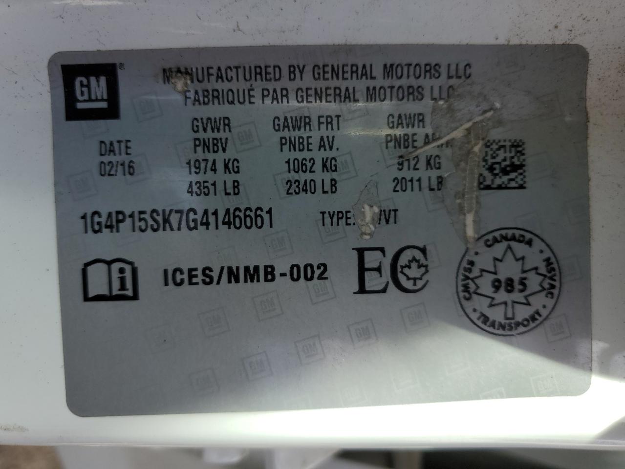 2016 Buick Verano VIN: 1G4P15SK7G4146661 Lot: 84359665