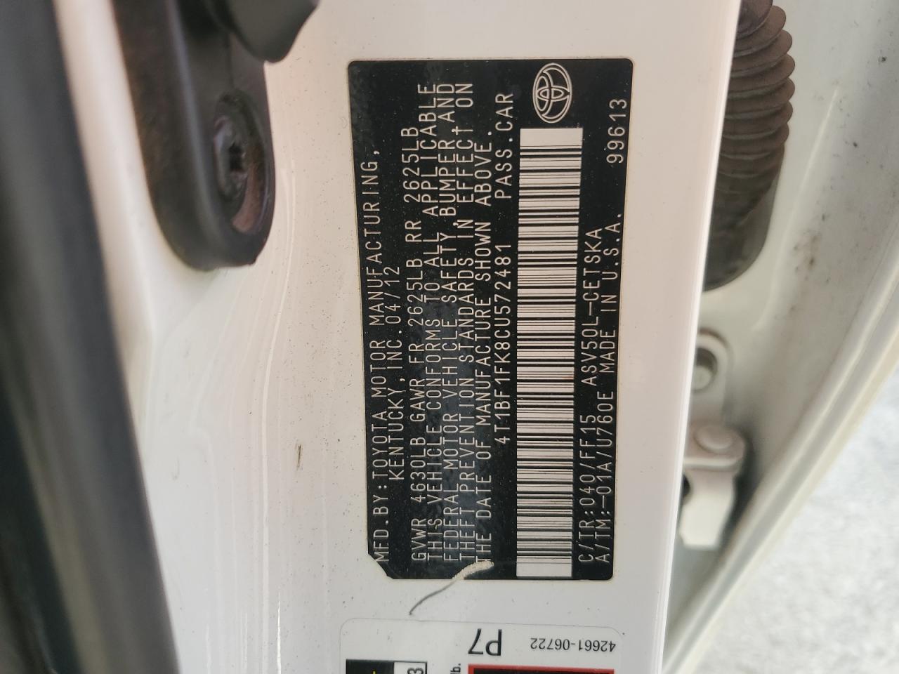 2012 Toyota Camry Base VIN: 4T1BF1FK8CU572481 Lot: 82165545