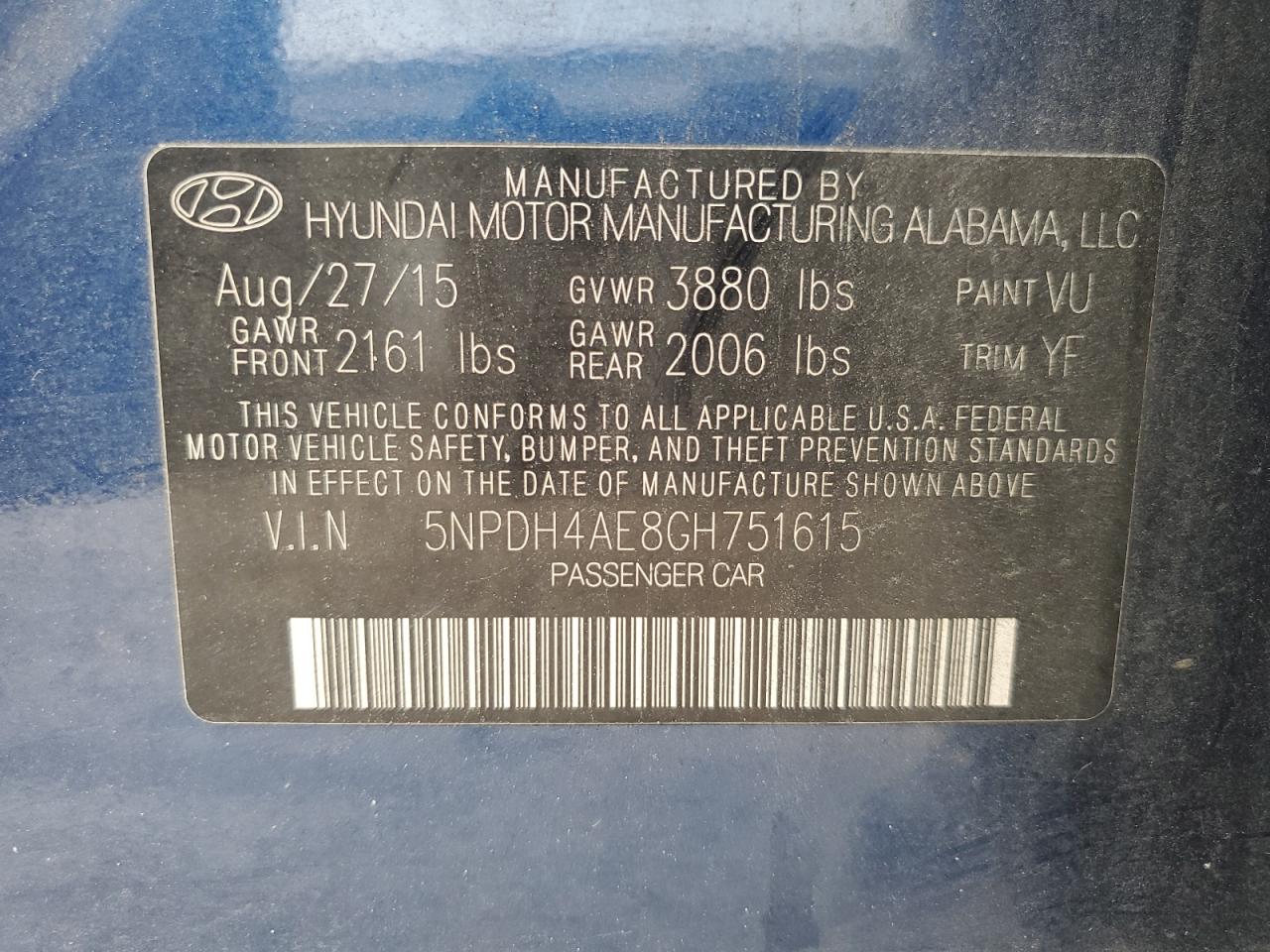 2016 Hyundai Elantra Se VIN: 5NPDH4AE8GH751615 Lot: 82049895