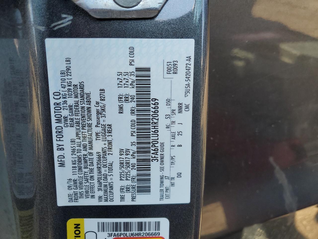 2017 Ford Fusion Se Hybrid VIN: 3FA6P0LU6HR206669 Lot: 83957645
