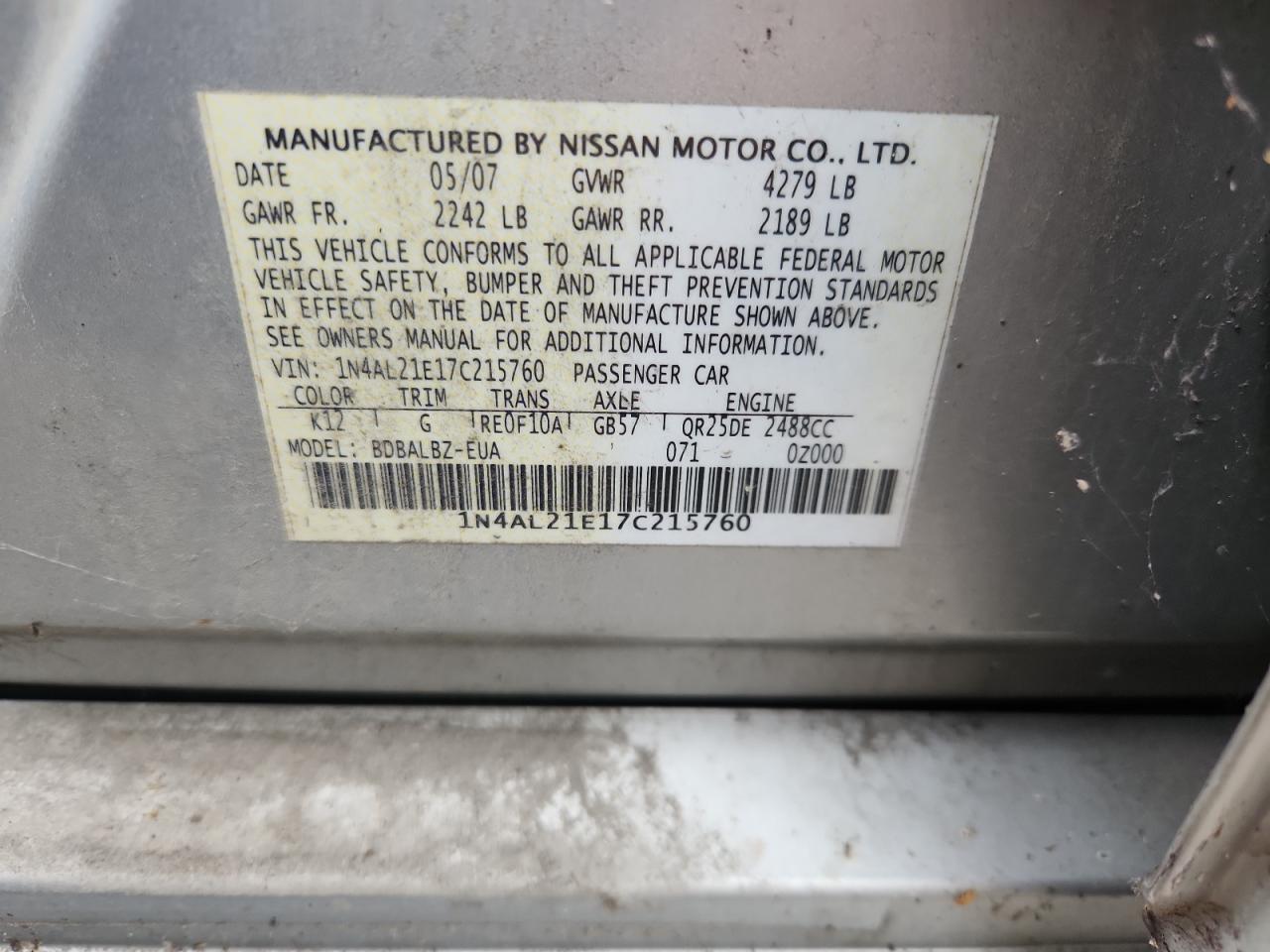 2007 Nissan Altima 2.5 VIN: 1N4AL21E17C215760 Lot: 71495505