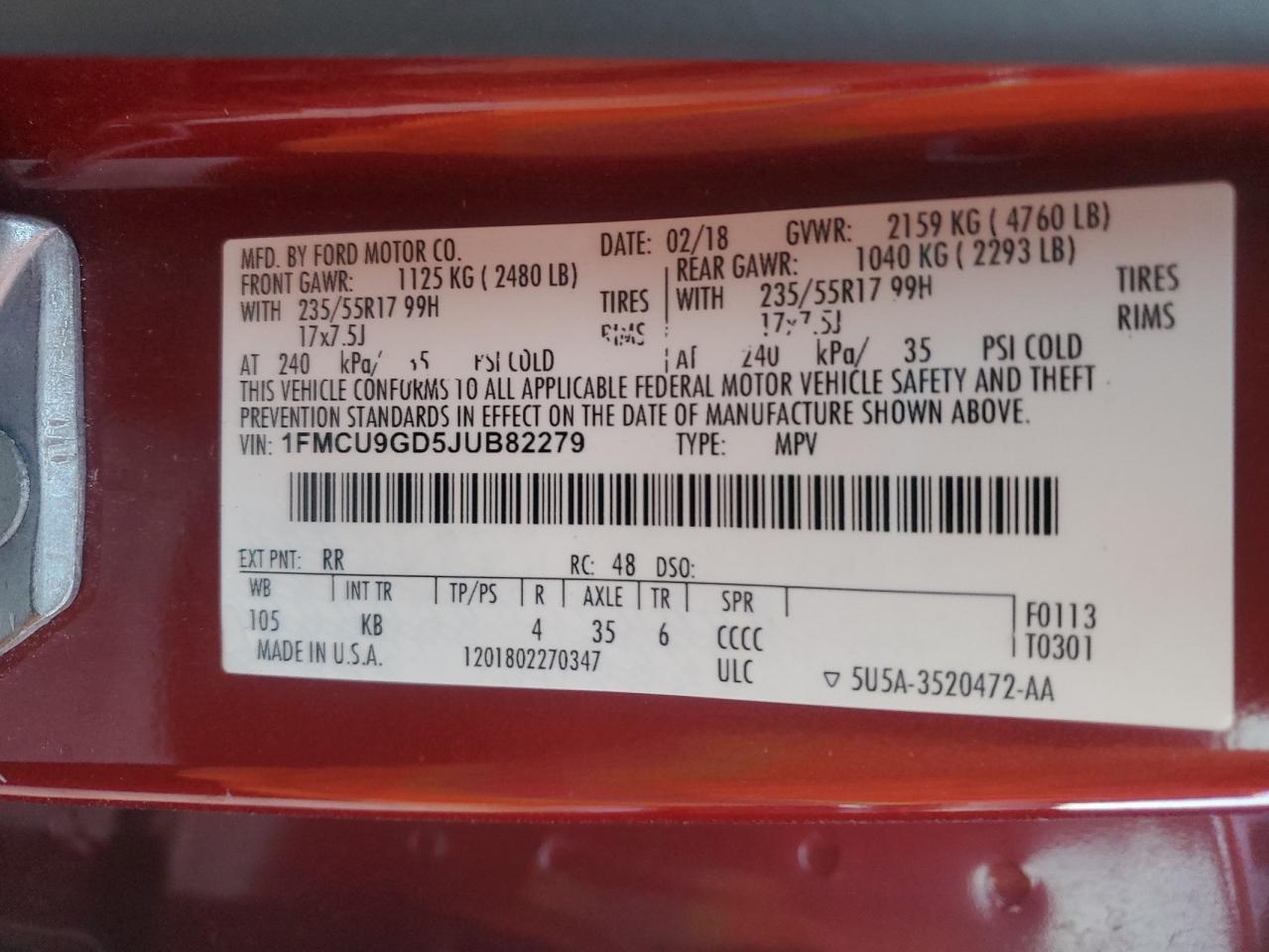 2018 Ford Escape Se VIN: 1FMCU9GD5JUB82279 Lot: 80481195