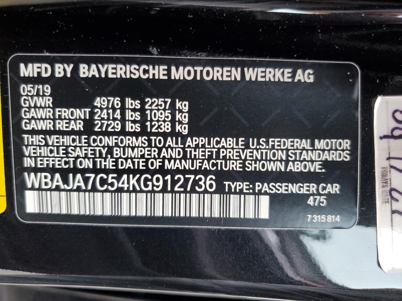 2019 BMW 530 Xi VIN: WBAJA7C54KG912736 Lot: 80181815