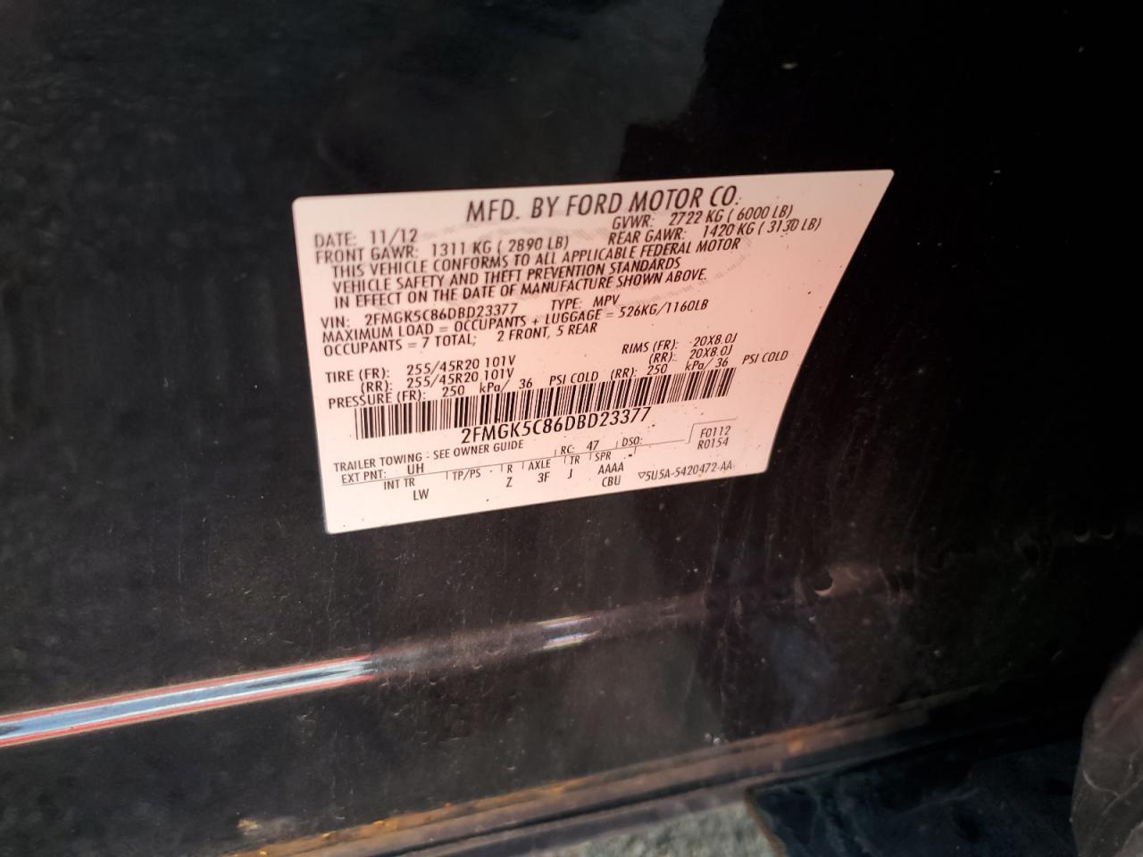 2013 Ford Flex Sel VIN: 2FMGK5C86DBD23377 Lot: 84382335