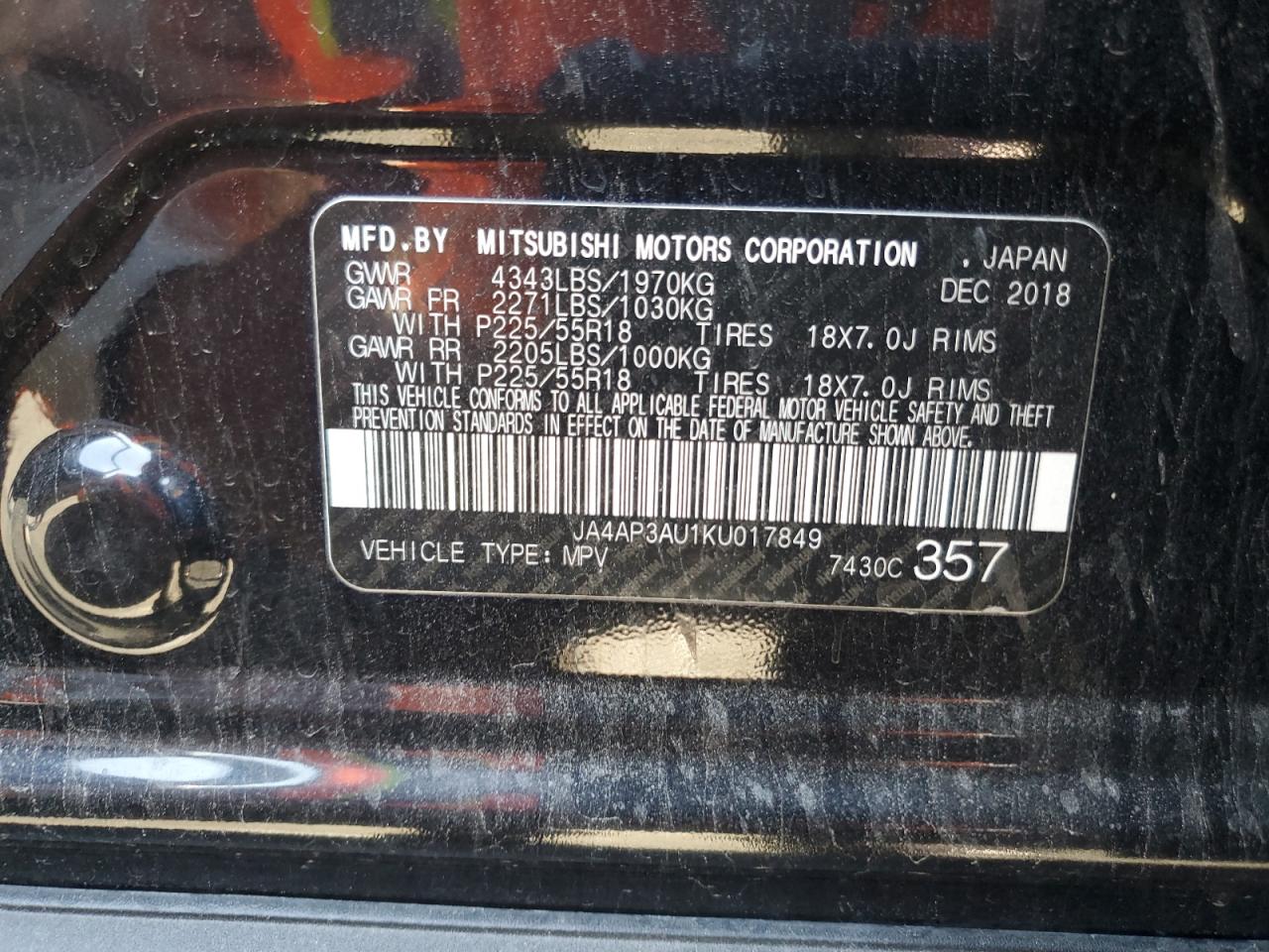 2019 Mitsubishi Outlander Sport Es VIN: JA4AP3AU1KU017849 Lot: 80628485