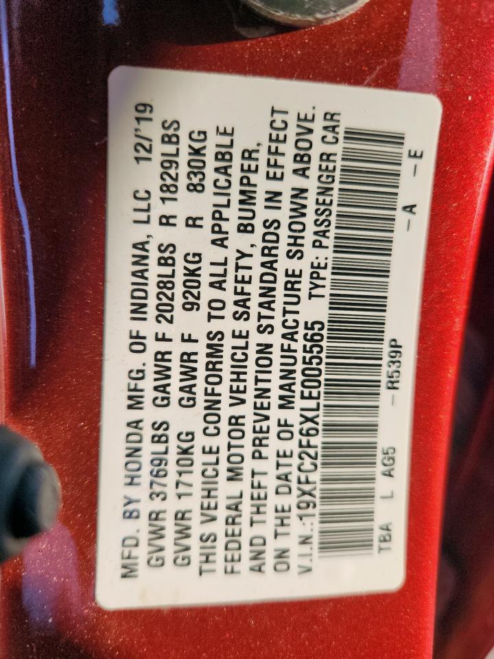 2020 Honda Civic Lx VIN: 19XFC2F6XLE005565 Lot: 81676375