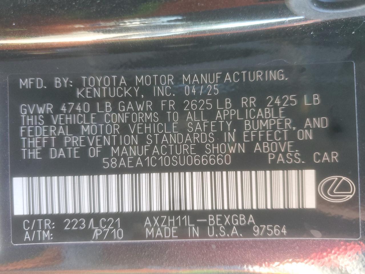 2025 Lexus Es 300H Base VIN: 58AEA1C10SU066660 Lot: 81425305