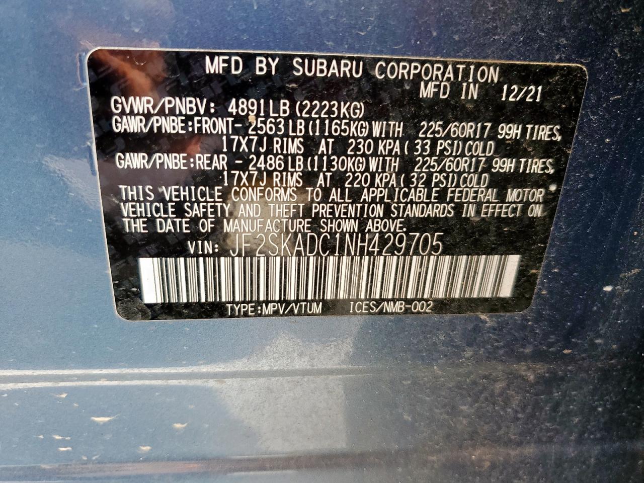 2022 Subaru Forester Premium VIN: JF2SKADC1NH429705 Lot: 80912825