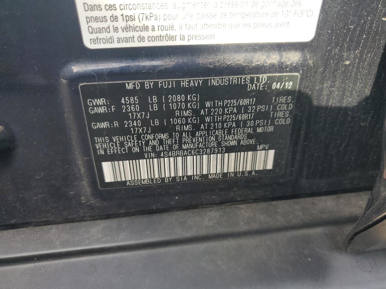 2012 Subaru Outback 2.5I VIN: 4S4BRBAC6C3287913 Lot: 81635525