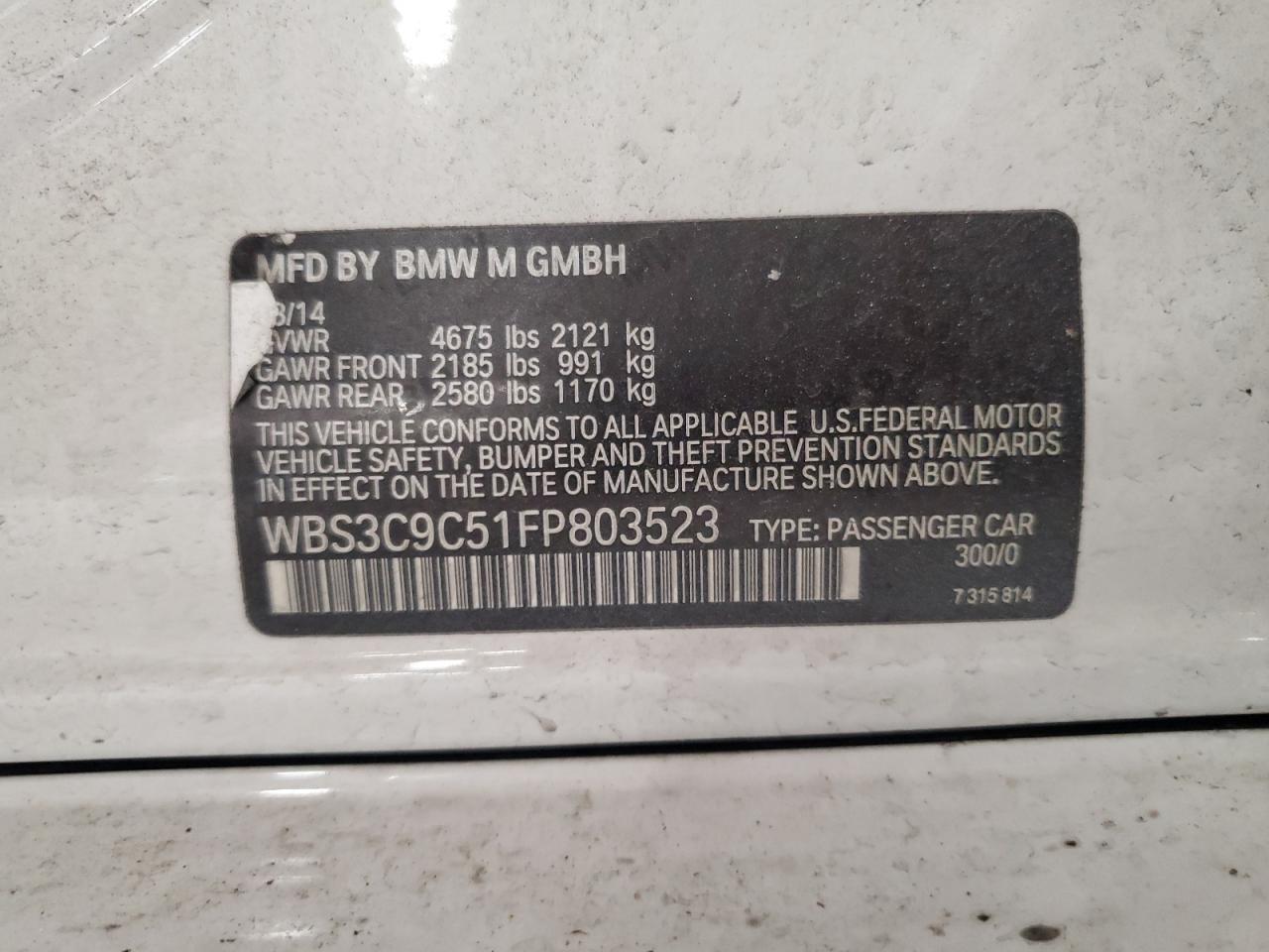2015 BMW M3 VIN: WBS3C9C51FP803523 Lot: 81954295