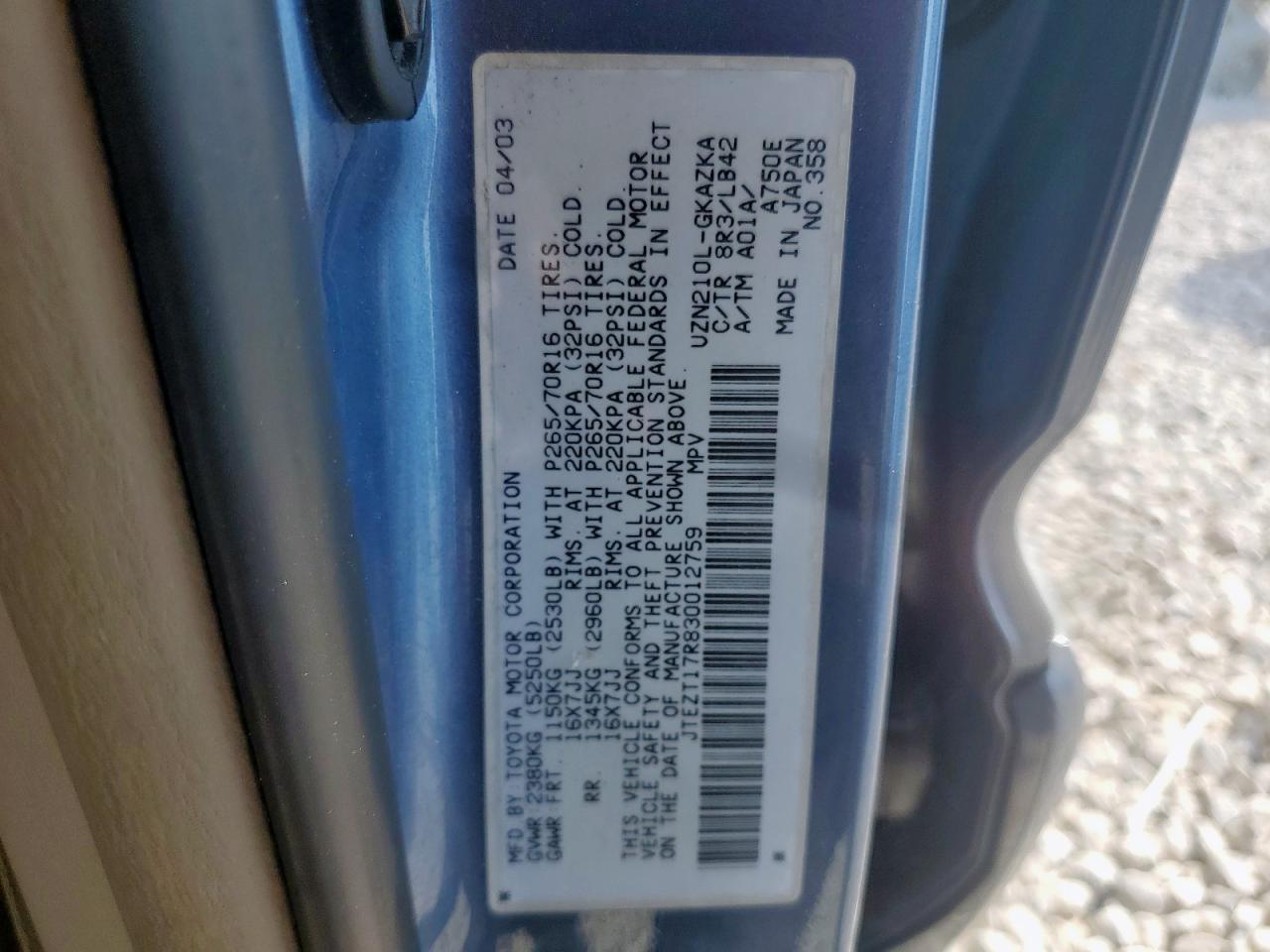 2003 Toyota 4Runner Limited VIN: JTEZT17R830012759 Lot: 84410305