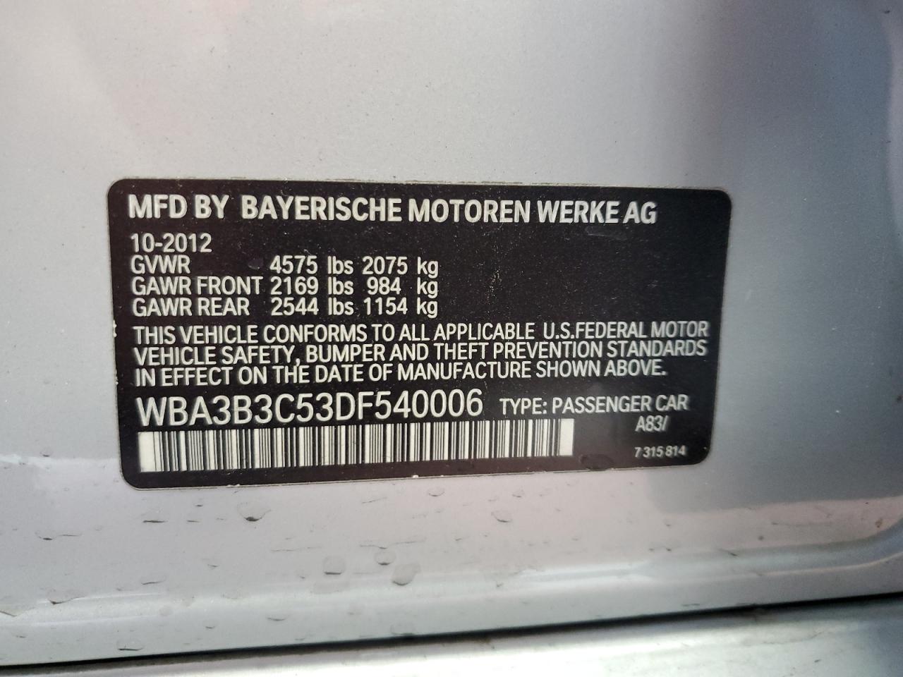 2013 BMW 328 Xi VIN: WBA3B3C53DF540006 Lot: 80371985