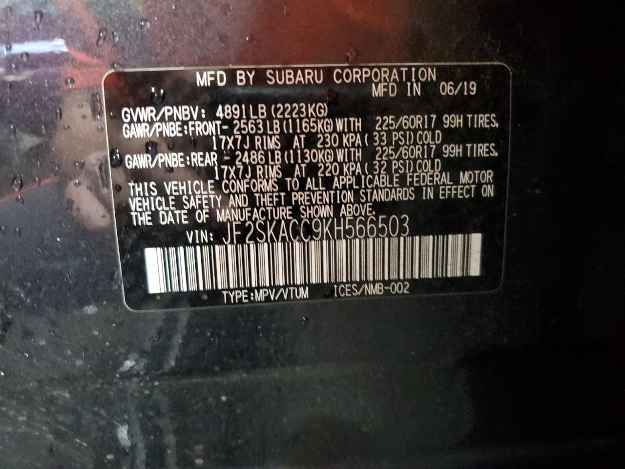 2019 Subaru Forester VIN: JF2SKACC9KH566503 Lot: 80099535