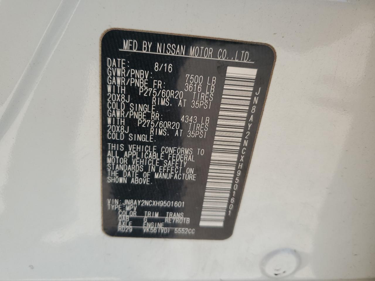 2017 Nissan Armada Sv VIN: JN8AY2NCXH9501601 Lot: 80697465