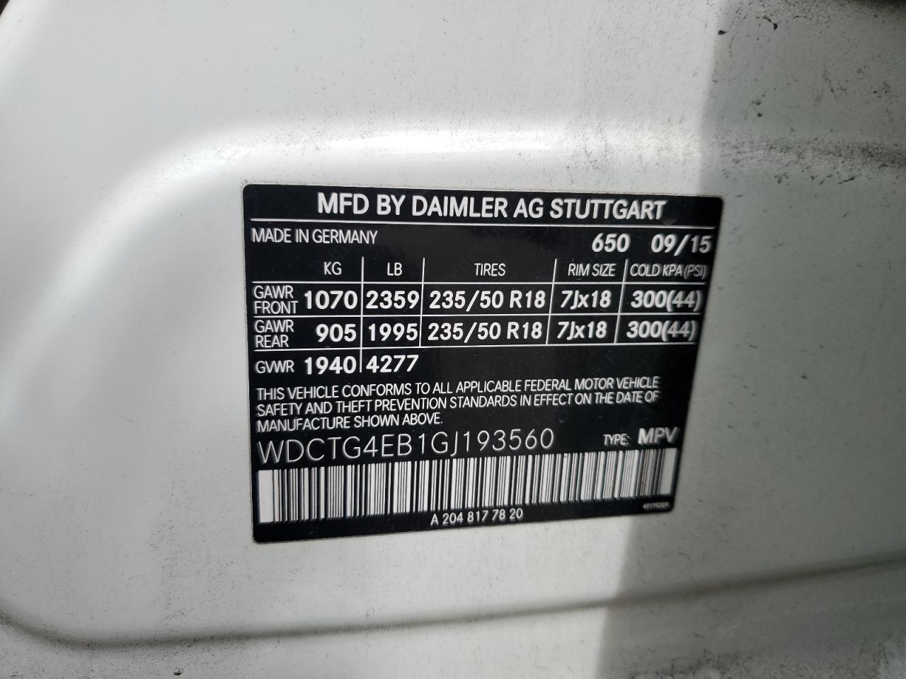 2016 Mercedes-Benz Gla 250 VIN: WDCTG4EB1GJ193560 Lot: 84277645