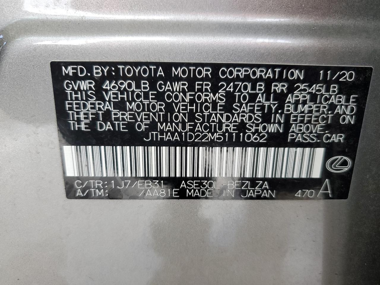 2021 Lexus Is 300 VIN: JTHAA1D22M5111062 Lot: 84271485
