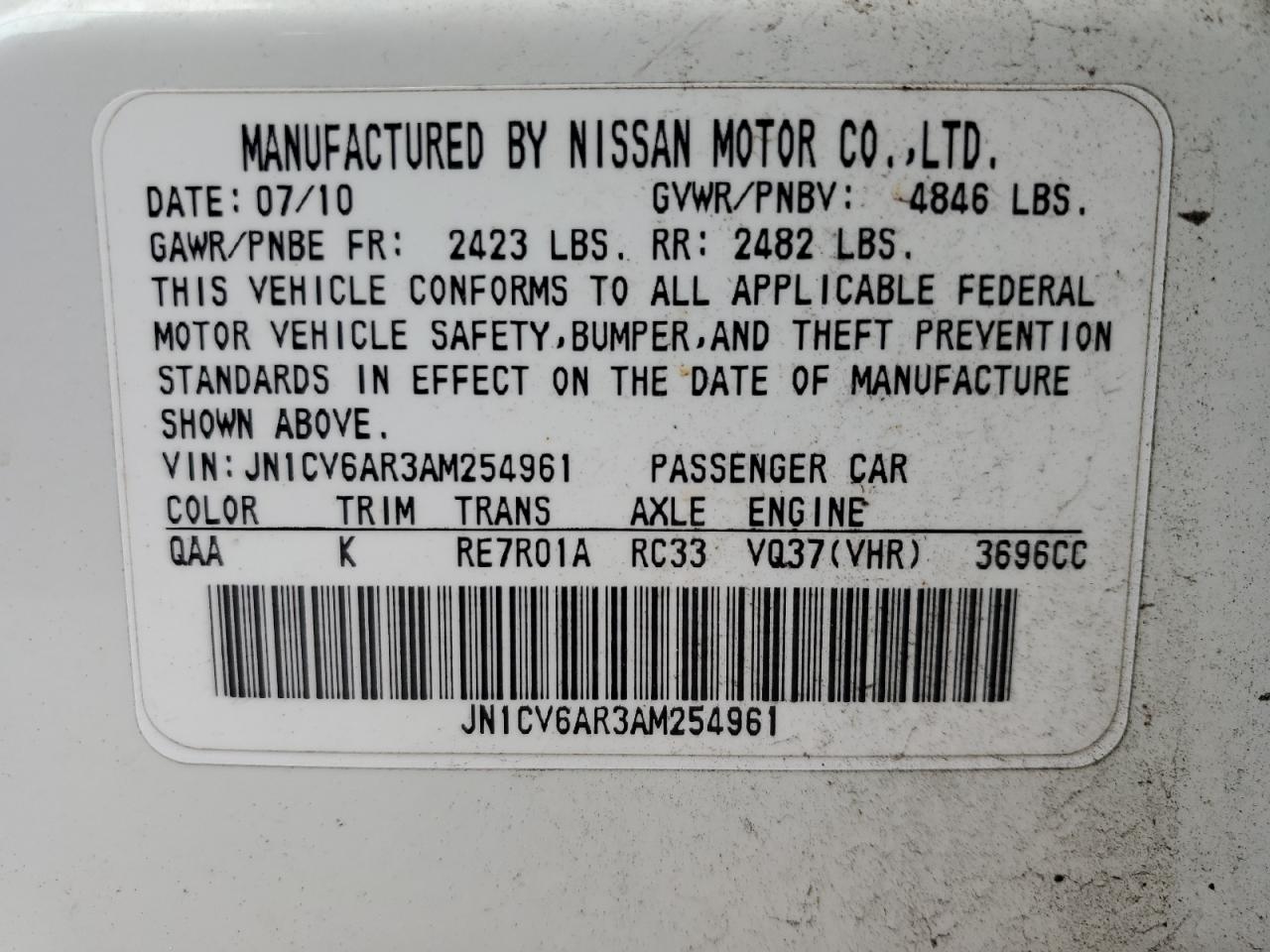 2010 Infiniti G37 VIN: JN1CV6AR3AM254961 Lot: 71249715