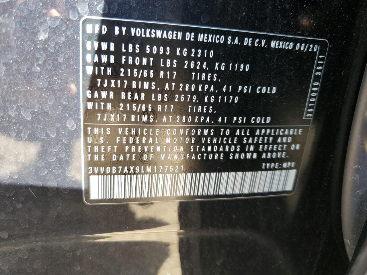 2020 Volkswagen Tiguan S VIN: 3VV0B7AX9LM177521 Lot: 80875945