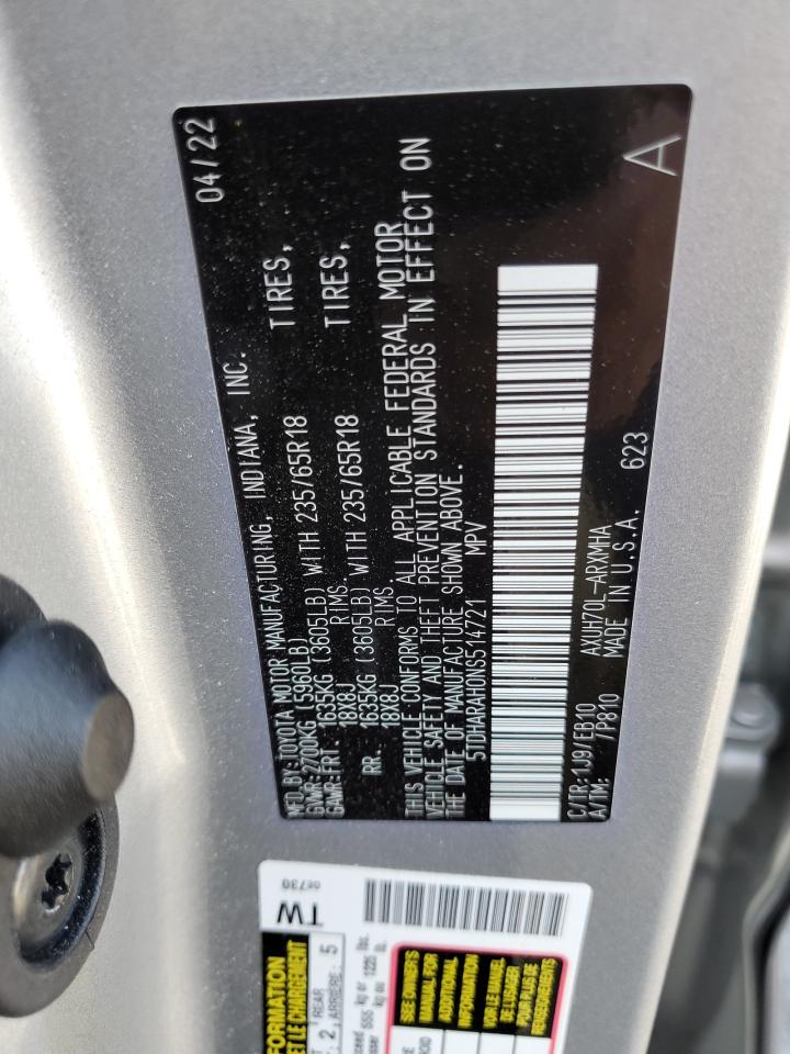 2022 Toyota Highlander Hybrid Xle VIN: 5TDHARAH0NS514721 Lot: 81800305