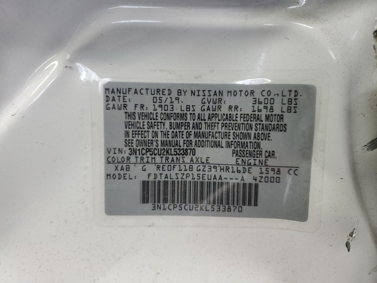 2019 Nissan Kicks S VIN: 3N1CP5CU2KL533870 Lot: 84645135