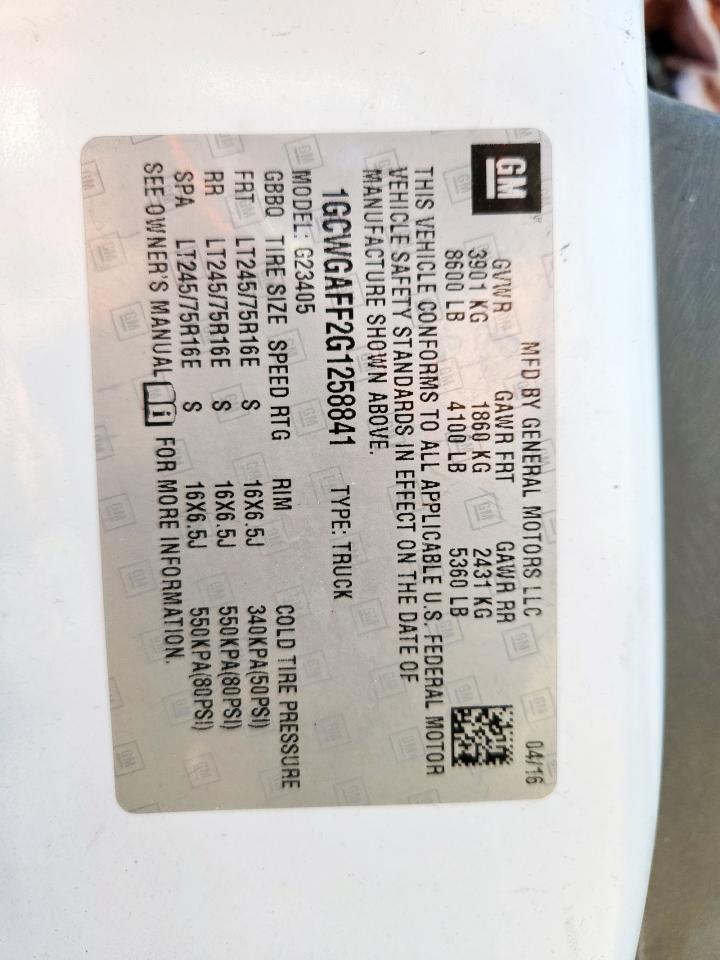 2016 Chevrolet Unknown VIN: 1GCWGAFF2G1258841 Lot: 71568215