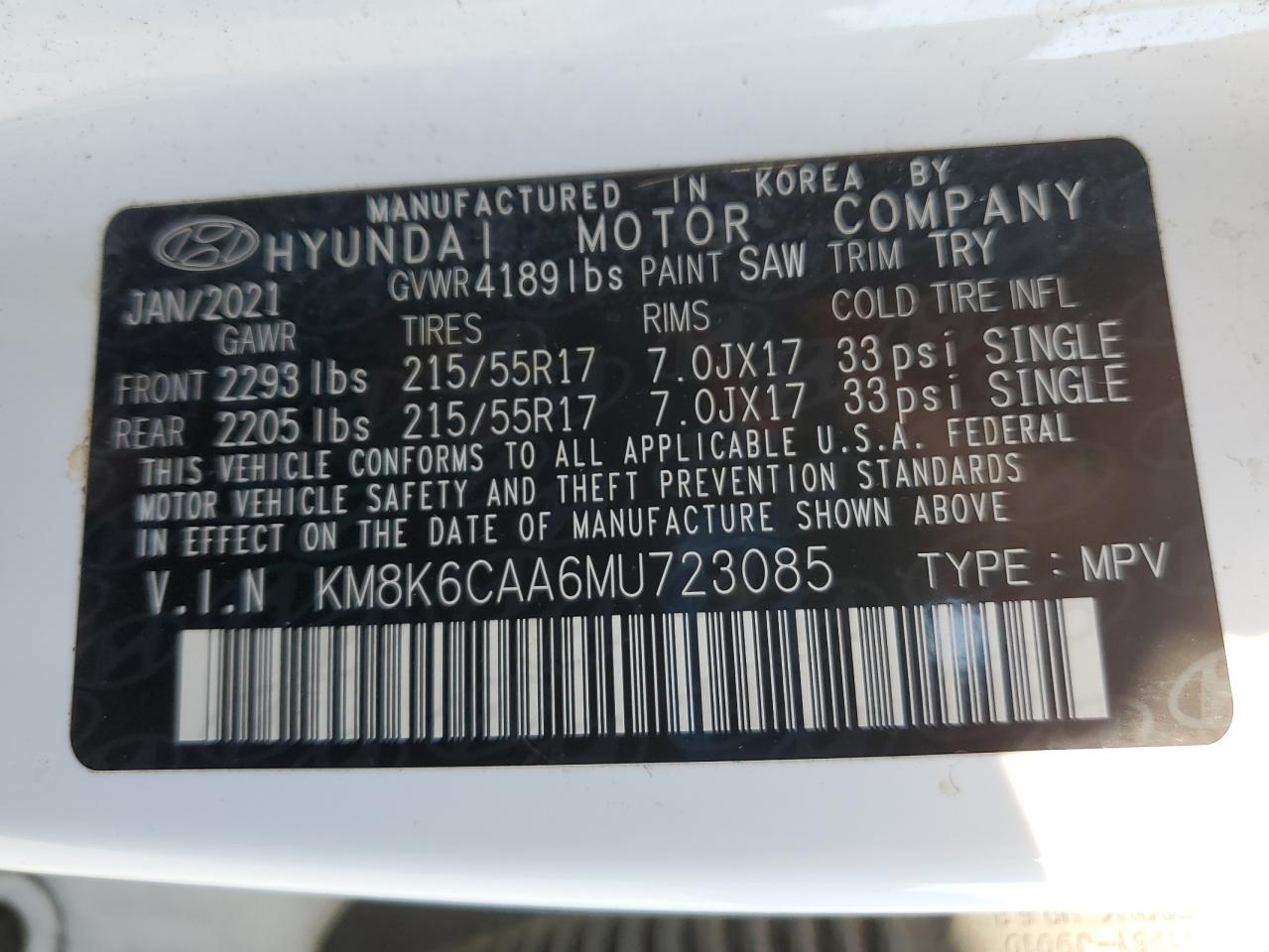 2021 Hyundai Kona Sel Plus VIN: KM8K6CAA6MU723085 Lot: 70669345