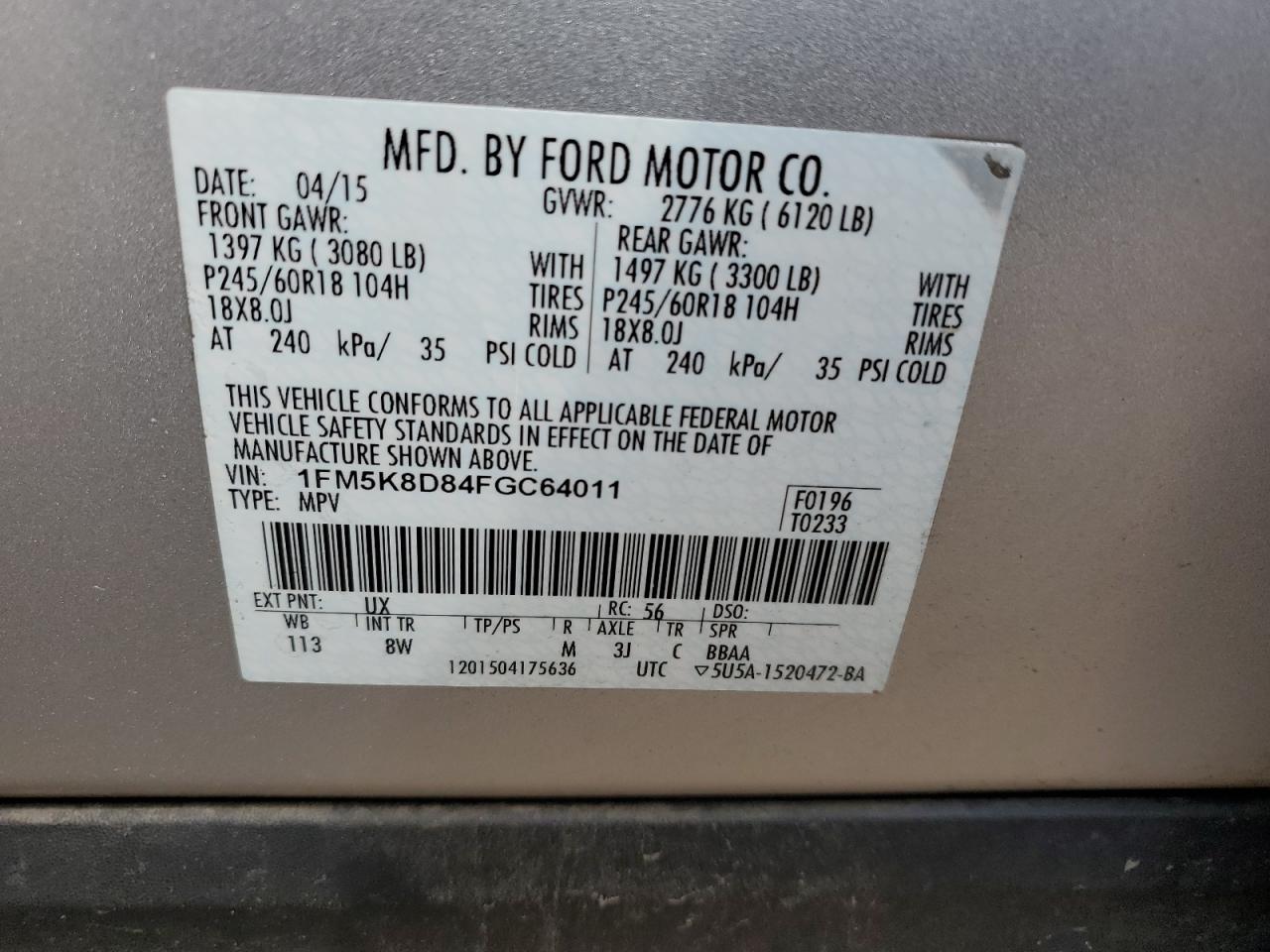 2015 Ford Explorer Xlt VIN: 1FM5K8D84FGC64011 Lot: 81665005