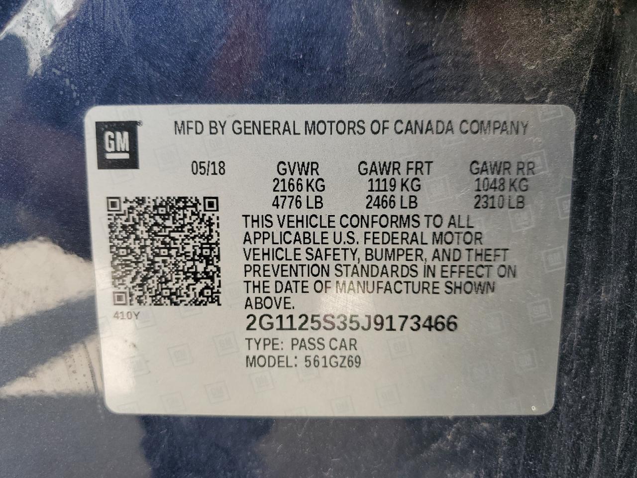 2018 Chevrolet Impala Premier VIN: 2G1125S35J9173466 Lot: 72016435