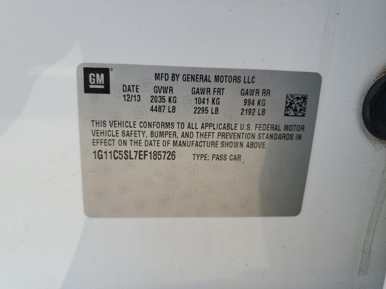 2014 Chevrolet Malibu 1Lt VIN: 1G11C5SL7EF185726 Lot: 80368745