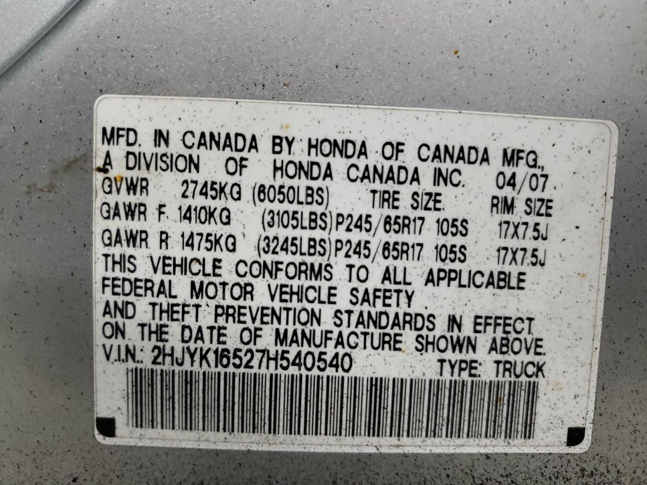 2007 Hond Ridgeline VIN: 2HJYK16527H540540 Lot: 81349375