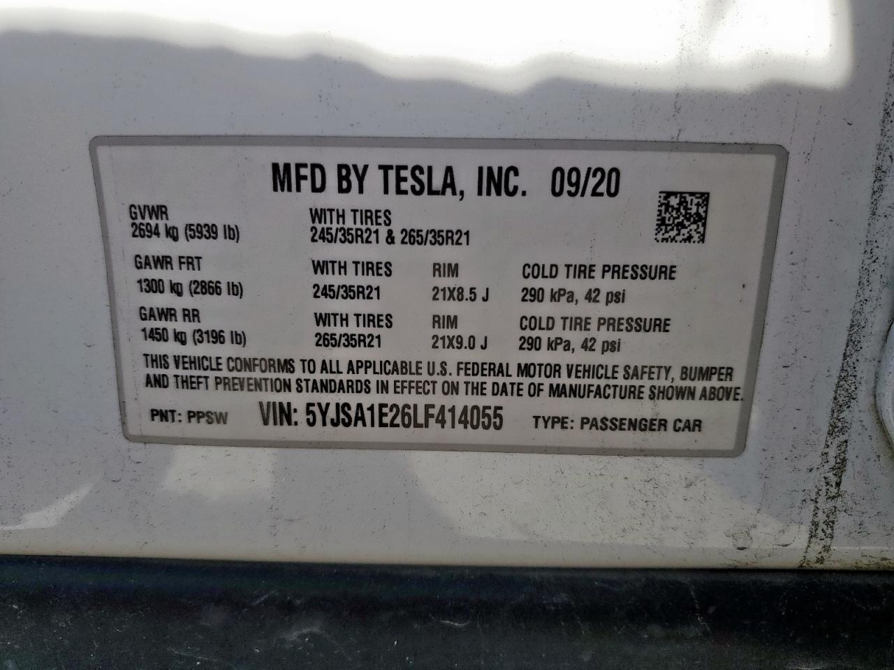 2020 Tesla Model S VIN: 5YJSA1E26LF414055 Lot: 82054145