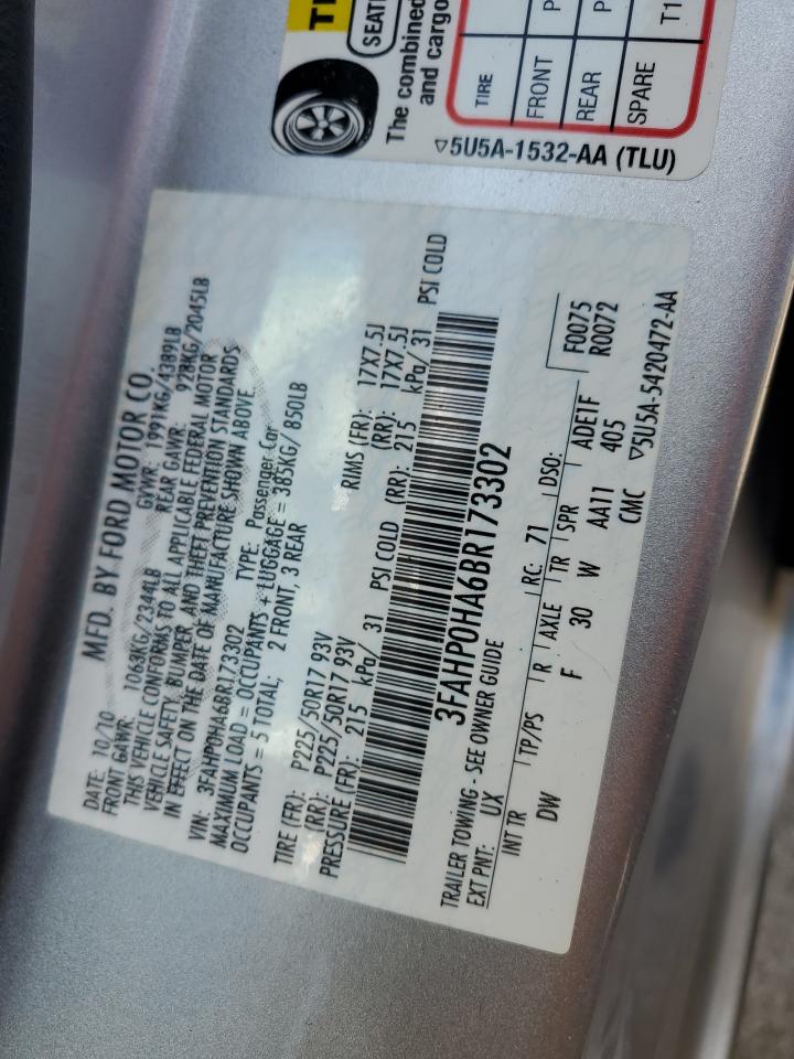 2011 Ford Fusion Se VIN: 3FAHP0HA6BR173302 Lot: 84929105