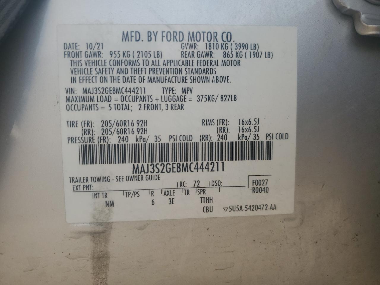 2021 Ford Ecosport Se VIN: MAJ3S2GE8MC444211 Lot: 80894635